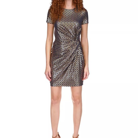 MICHAEL KORS Women's Metallic Chain-Print Knot Mini Dress SIZE MEDIUM - Picture 1 of 13